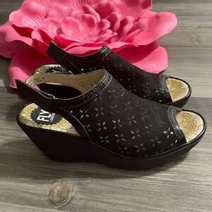 FLY LONDON Sz 8 Yile Black Peep Toe Wedge Sandal Perforated Slingback Leather